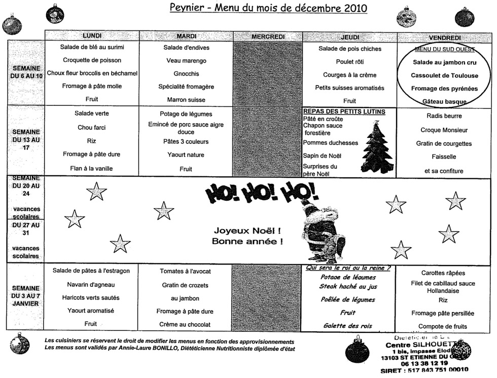 Menus décembre 2010