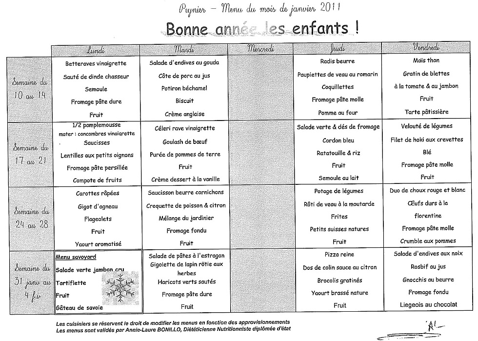 Menus janvier 2011