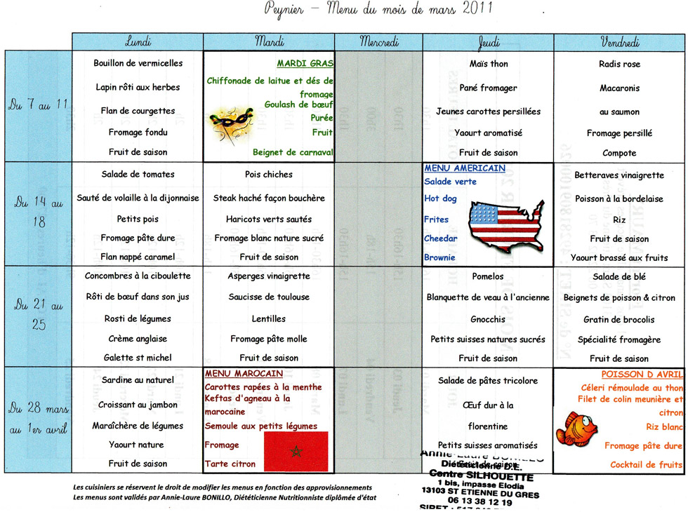 Menus mars 2011