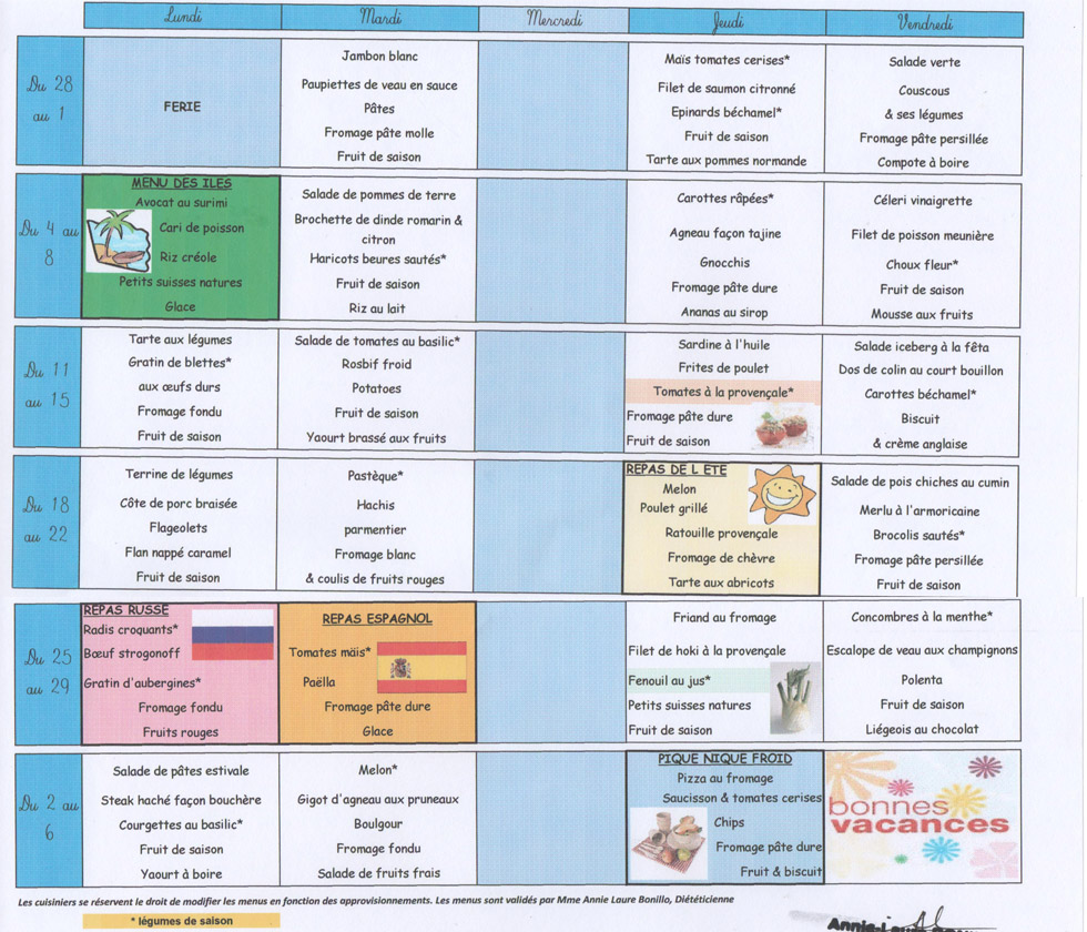 Menus juin 2012