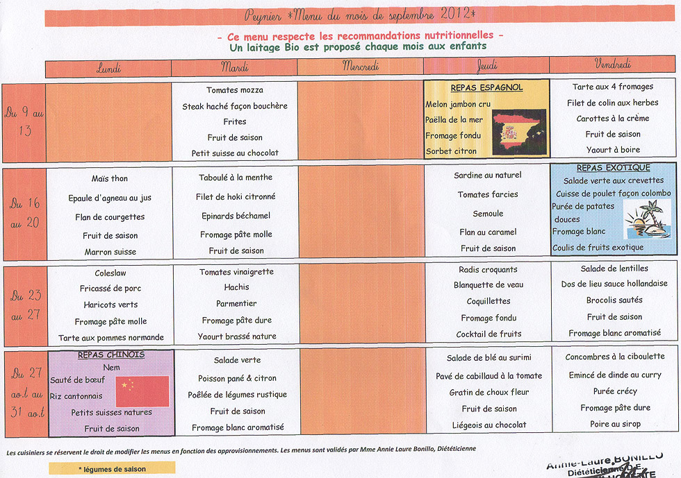 Menu septembre 2012