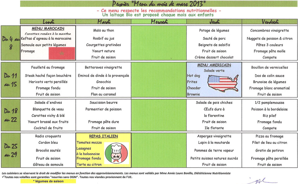 Menus mars 2013