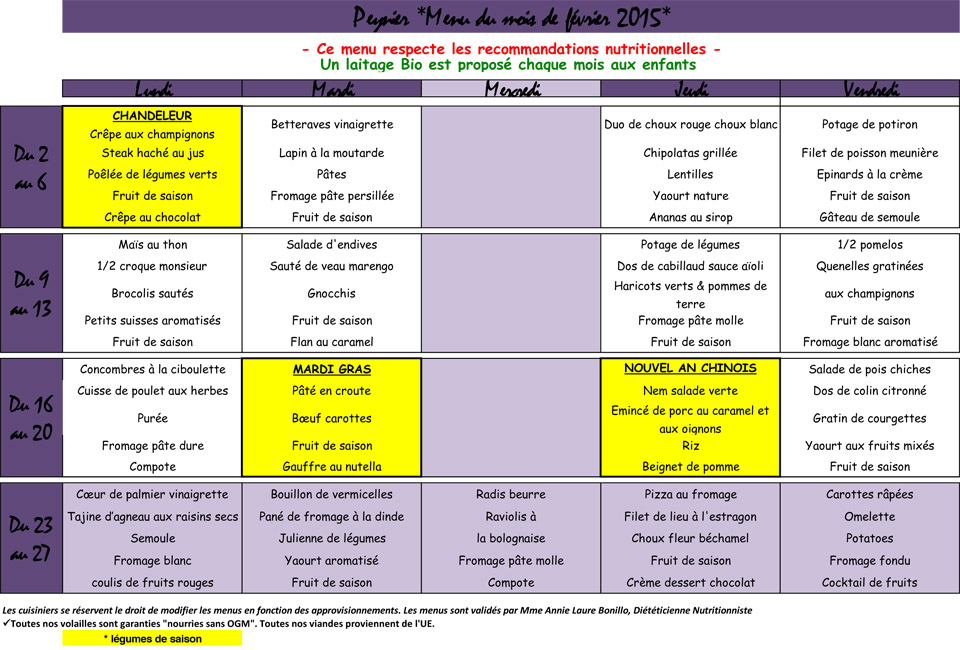 Menus février 2015