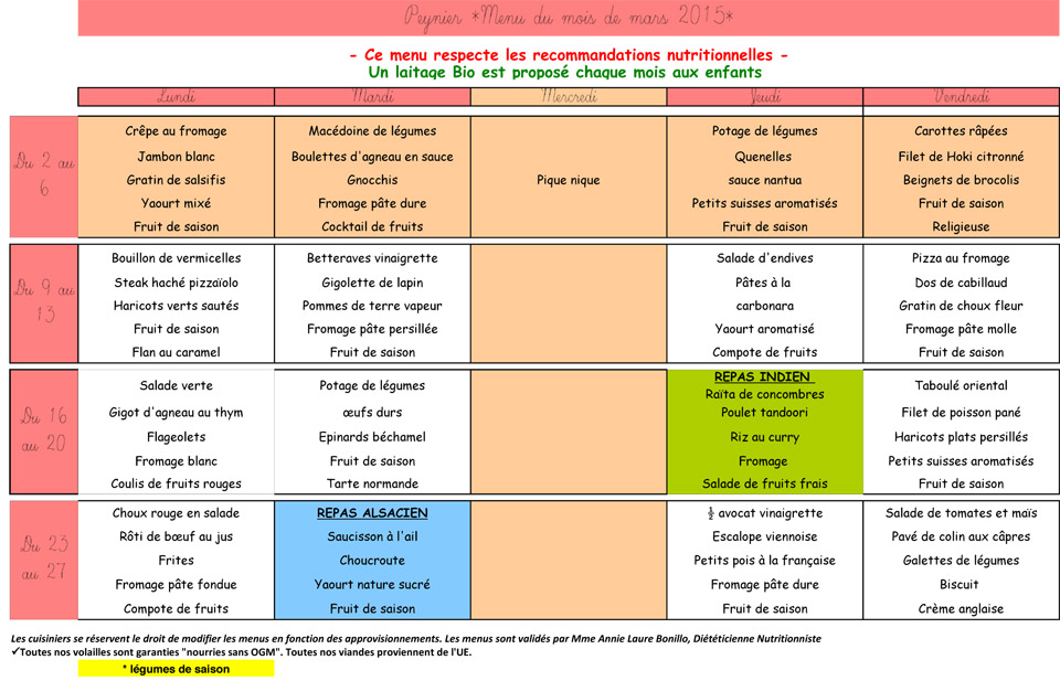 Menus mars 2015