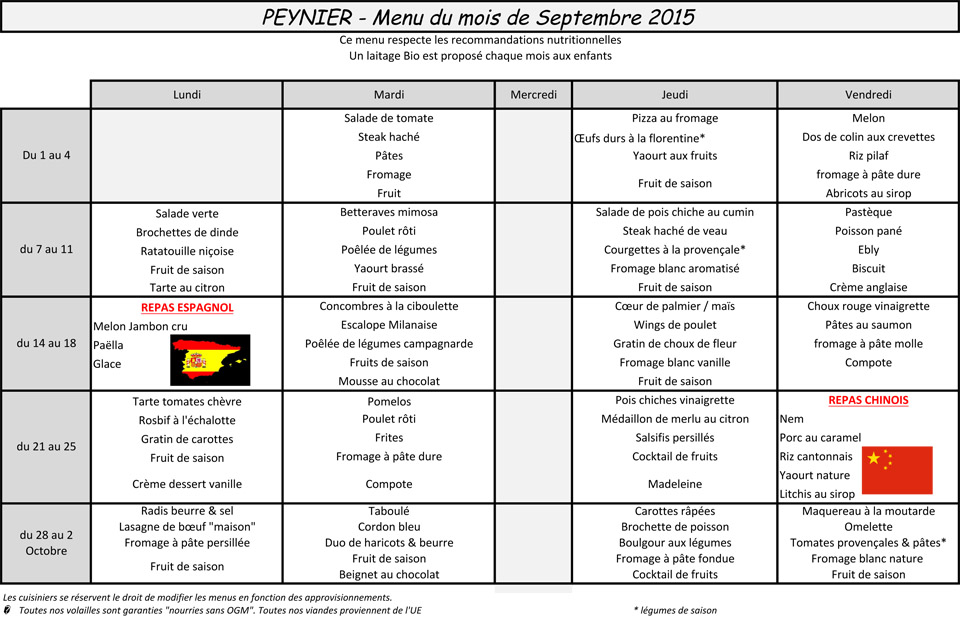 Menus septembre 2015