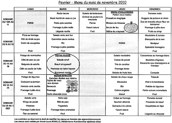 Menus novembre 2010