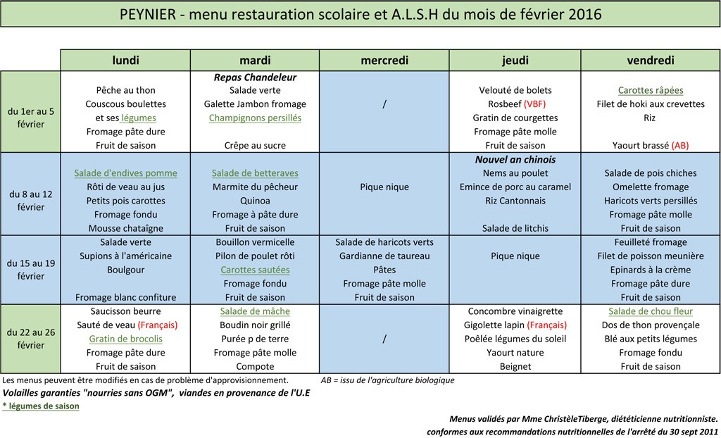 Menus de février 2016