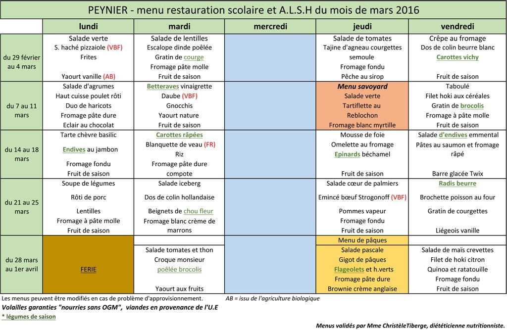 Menus de mars 2016