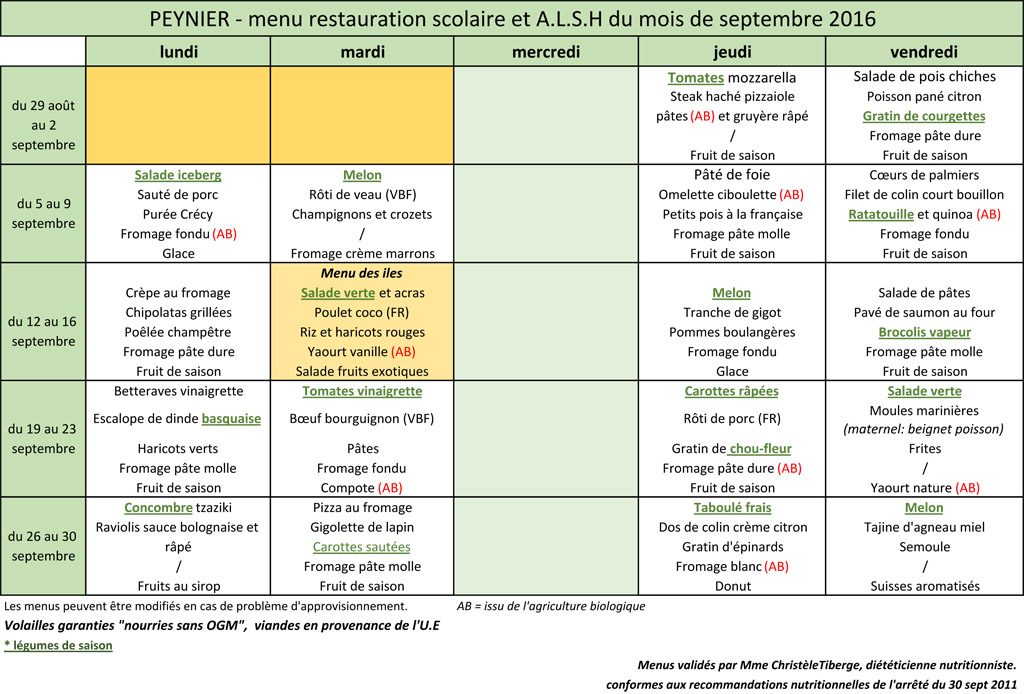 Menus septembre 2016