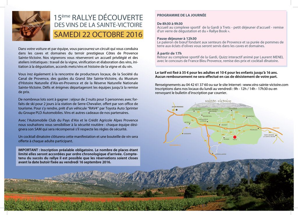 Programme 15ème rallye découverte des vins de la Saine-Victoire