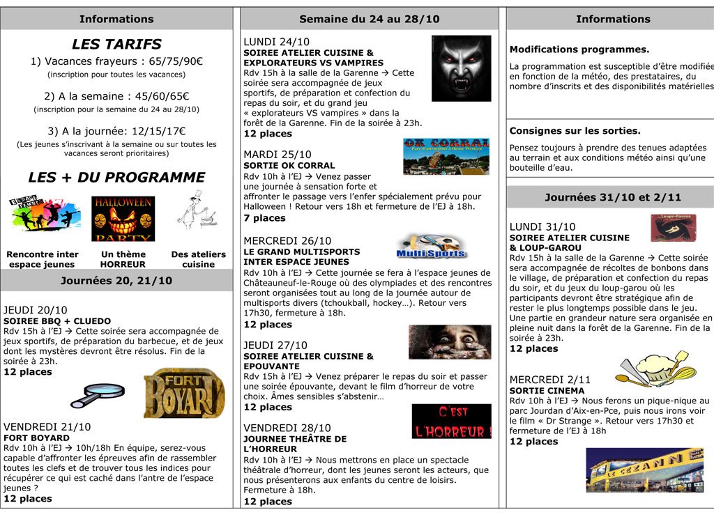 Programme vacances de la Toussaint 2016