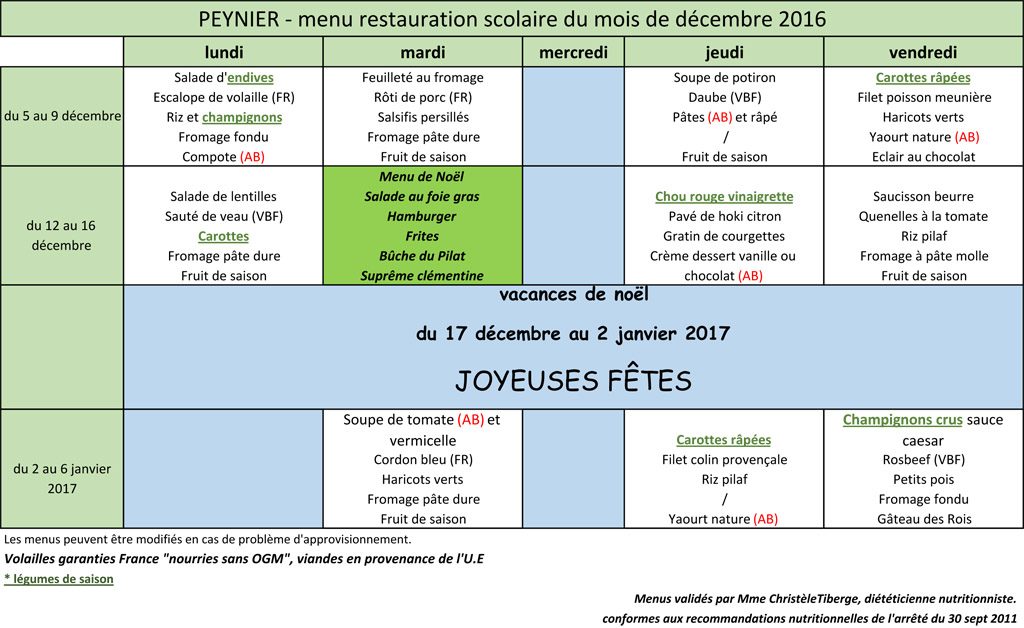 Menus de décembre 2016